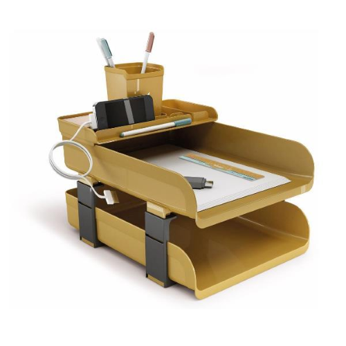 ARDA KIT SCRIVANIA VINTAGE CARAMEL 2 PORTACORRISPONDENZA CON DISTANZIALI 1 BACINELLA 1 PORTAPENNE E 1 RIGHELLO DA 16 CM OCRA